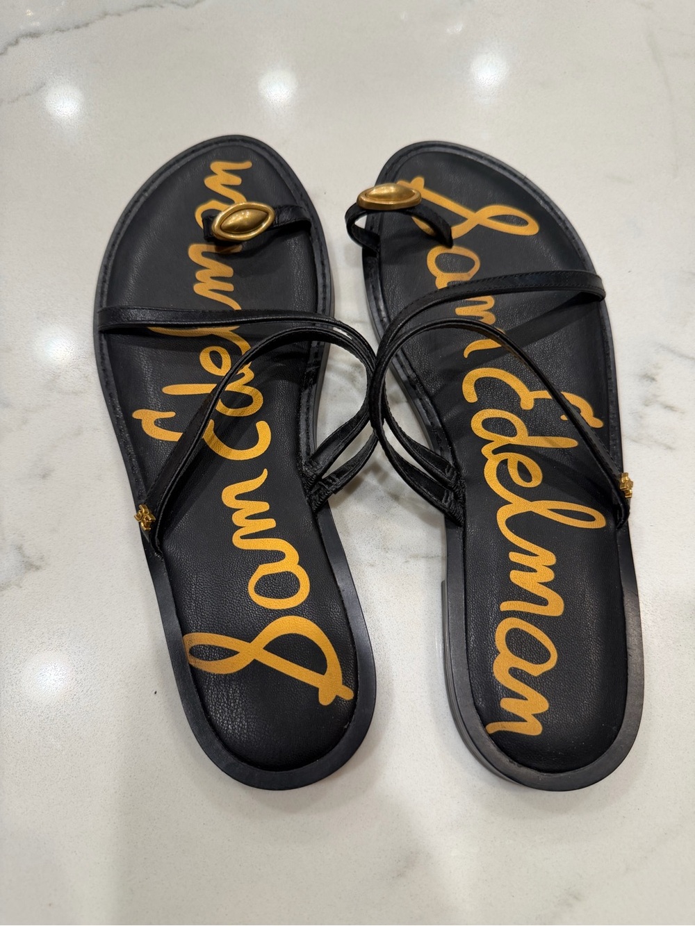 Sam Edelman Black and Gold Strappy Toe-Ring Sandals